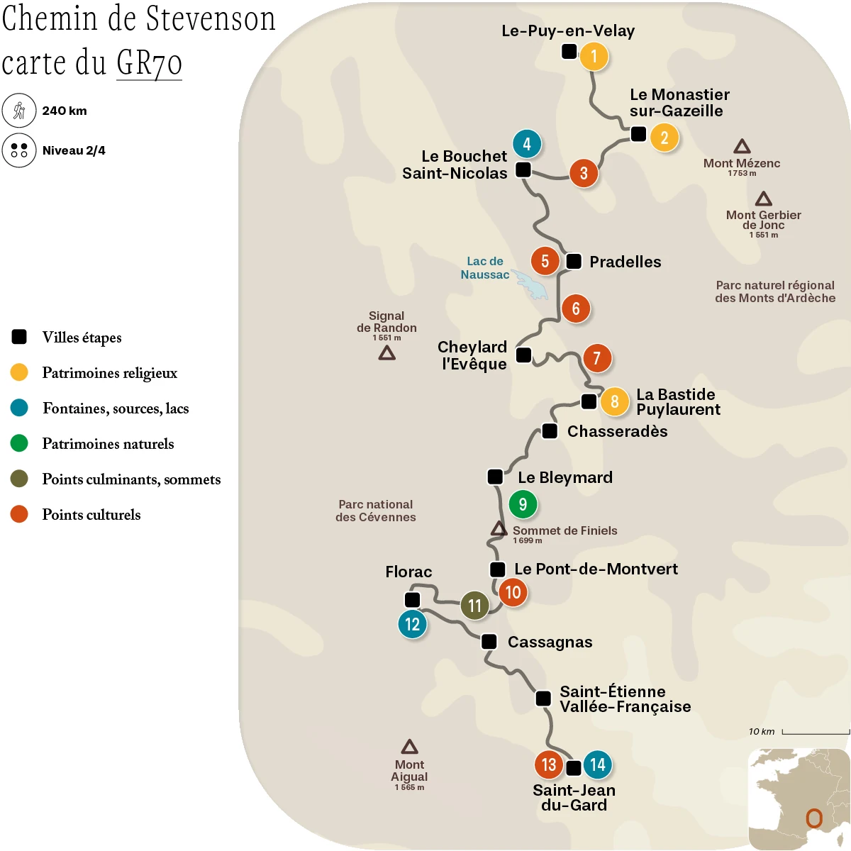 Carte détaillée du GR70, chemin de Stevenson, avec POI