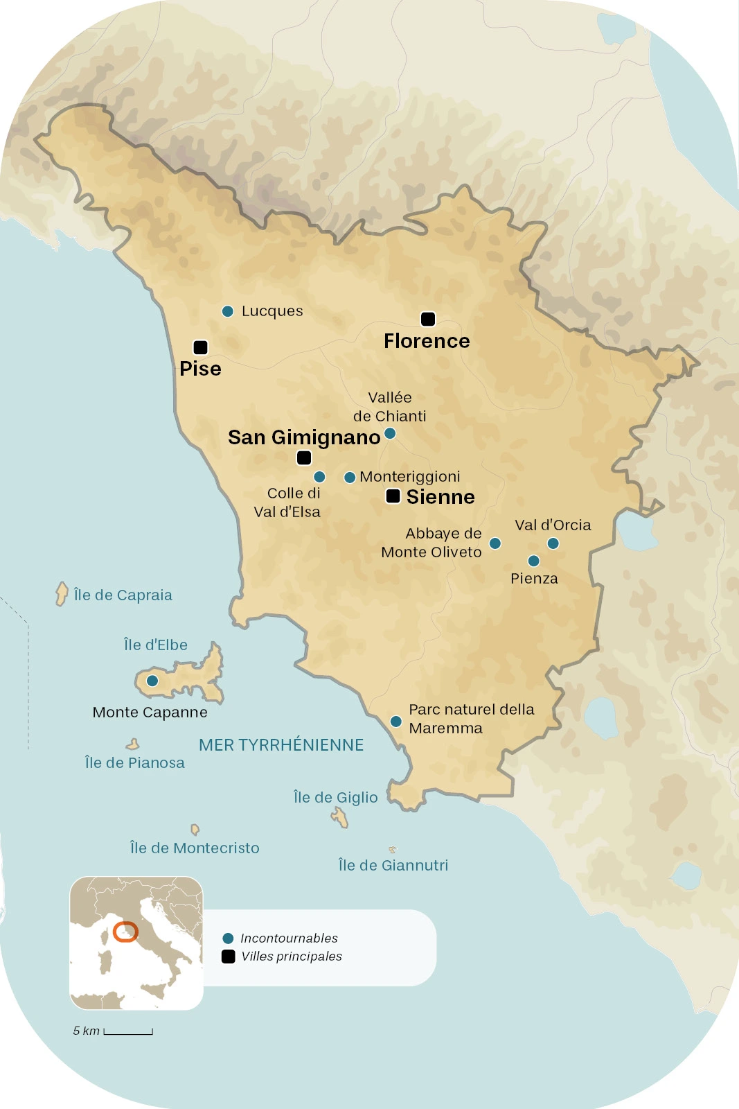 carte des incontournables à voir en Toscane