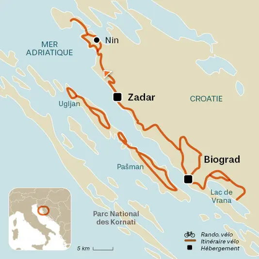 carte du voyage Les Îles Dalmates à vélo