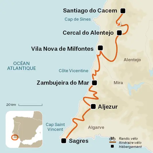carte du voyage De l'Alentejo à l'Algarve à vélo