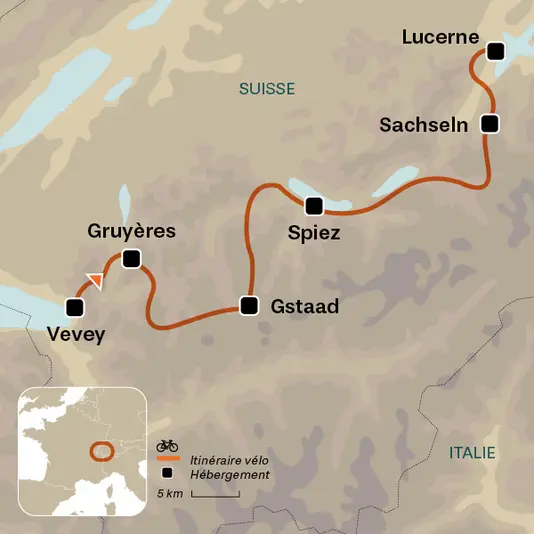 carte du voyage La route des lacs de Suisse à Vélo : de Vevey à Lucerne
