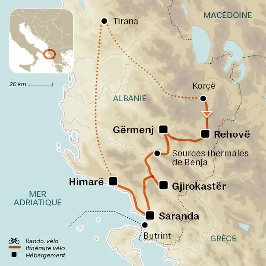 carte du voyage L'Albanie à vélo électrique