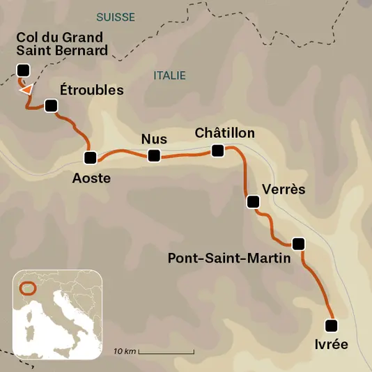 carte du voyage 1 - D'Etroubles à Ivrée