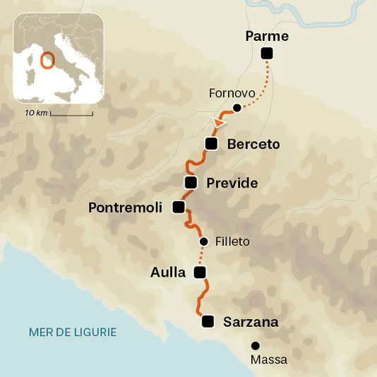 carte du voyage Chemin de Rome - De Parme à Sarzana