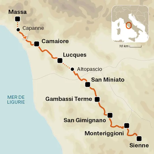 carte du voyage 5 - De Massa à Sienne