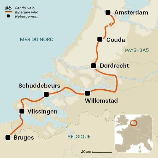 carte du voyage D'Amsterdam à Bruges à vélo