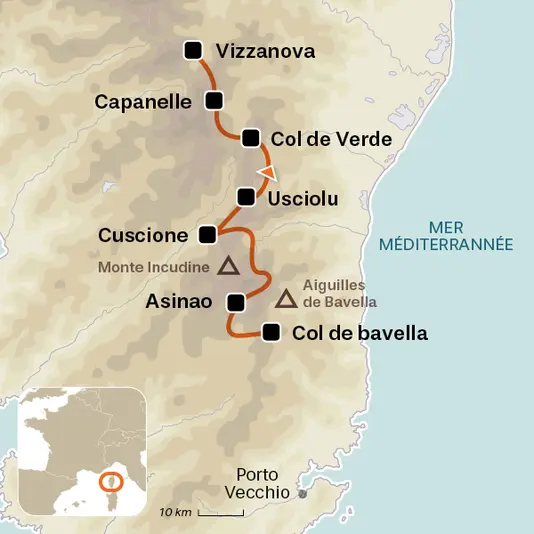 carte du voyage GR20 Sud : de Bavella à Vizzavona