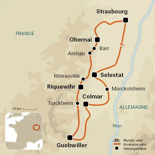 carte du voyage Villages et vignobles d'Alsace à vélo