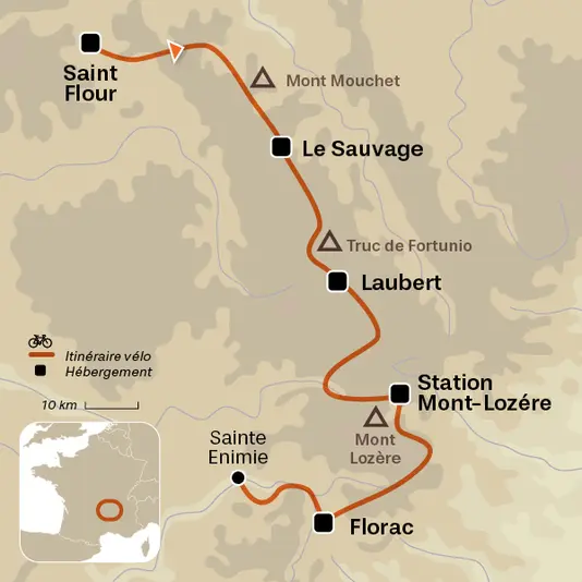 carte du voyage GTMC à VTT 2 - Traversée de la Lozère