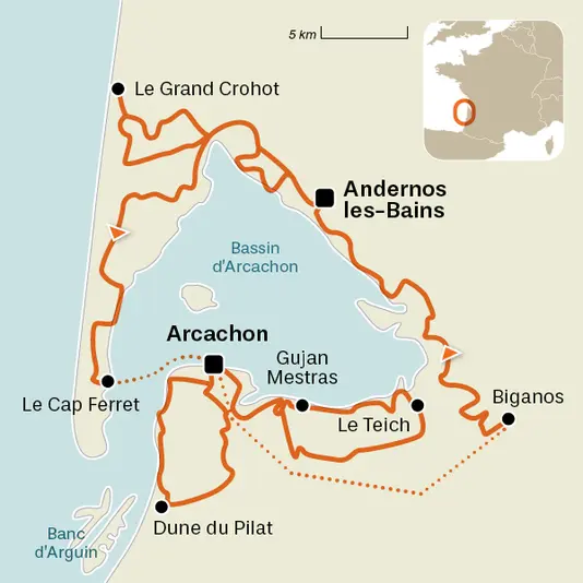 carte du voyage Tour du bassin d'Arcachon à vélo