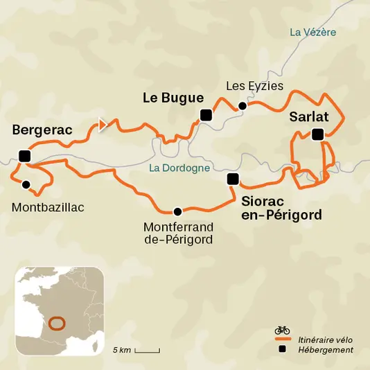 carte du voyage Vallée de la Dordogne et Périgord à vélo