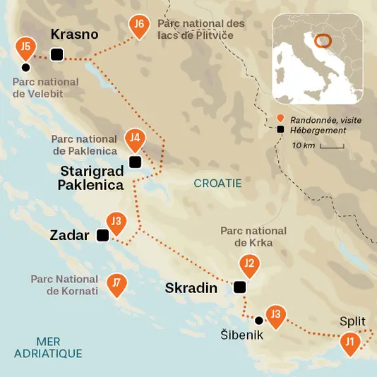 carte du voyage Splendeurs des Parcs Nationaux croates