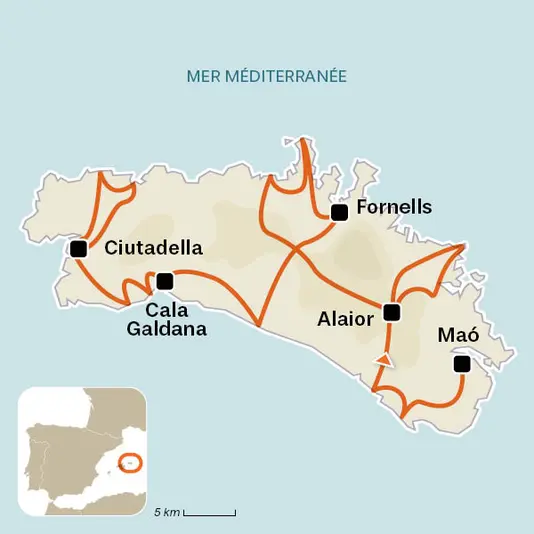 carte du voyage Minorque à vélo