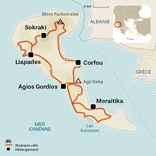 carte du voyage Corfou à vélo