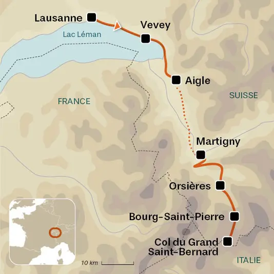 carte du voyage De Lausanne au col du Grand Saint Bernard