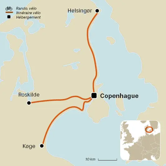 carte du voyage Copenhague et l'île du Sjælland à vélo