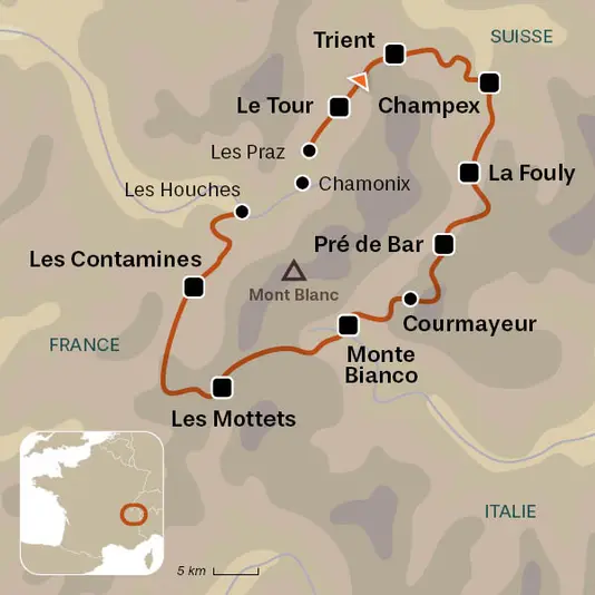 carte du voyage Tour du Mont-Blanc intégral - 9 jours
