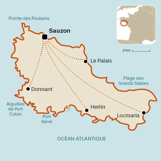 carte du voyage GR34 - 1 - Le tour de Belle-Île, séjour à Sauzon