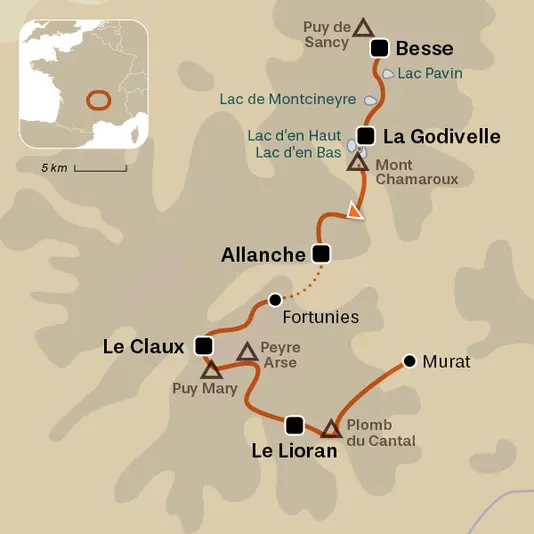 carte du voyage Du massif du Sancy au volcan cantalien (GTMC 2)