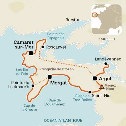 carte du voyage GR34 - 7 - Presqu'île de Crozon