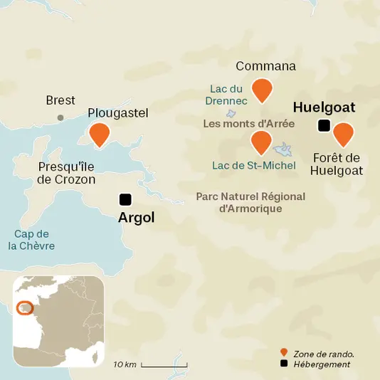 carte du voyage Monts d'Arrée et péninsule d'Armorique