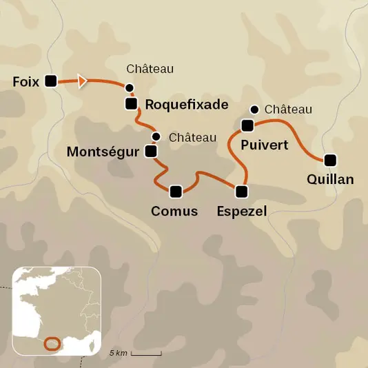 carte du voyage Le sentier cathare, de Foix à Quillan