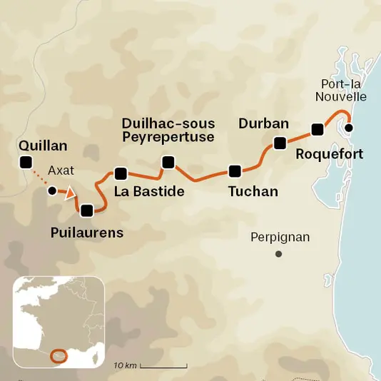 carte du voyage Le sentier cathare, de Quillan à la mer