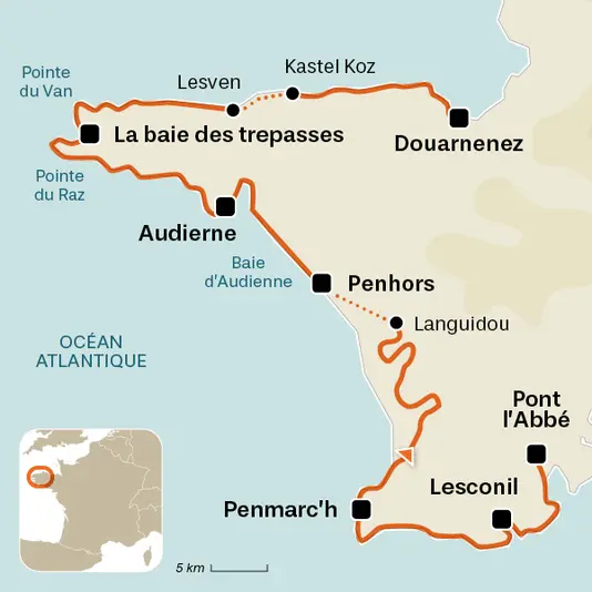 carte du voyage GR34 - 5 - le pays Bigouden et la pointe du Raz
