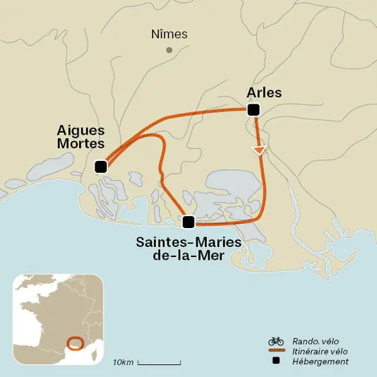 carte du voyage La Camargue à vélo
