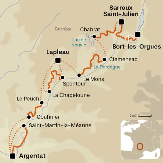 carte du voyage Les gorges de la Dordogne