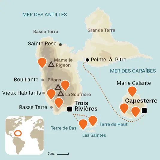 carte du voyage Guadeloupe, Basse Terre, Marie Galante