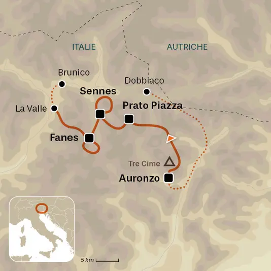 carte du voyage Dolomites, des Tre Cime au Val di Badia