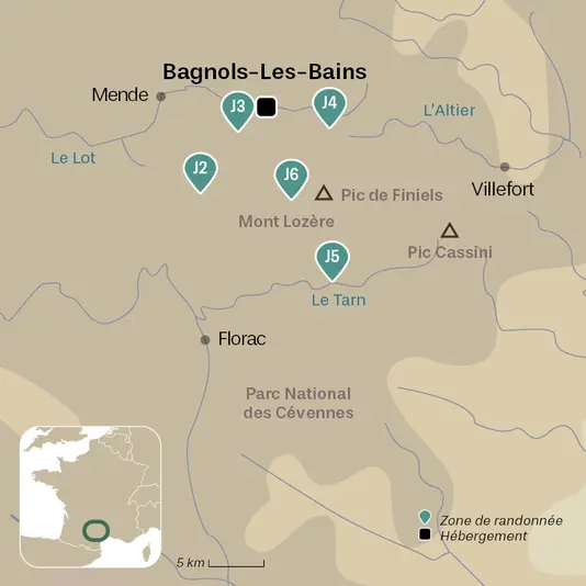 carte du voyage Mont-Lozère et Cévennes