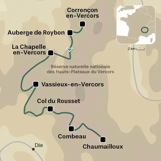 carte du voyage Traversée du Vercors en raquettes