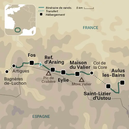 carte du voyage GR10 - 5 - De Bagnères-de-Luchon à Aulus-les-Bains
