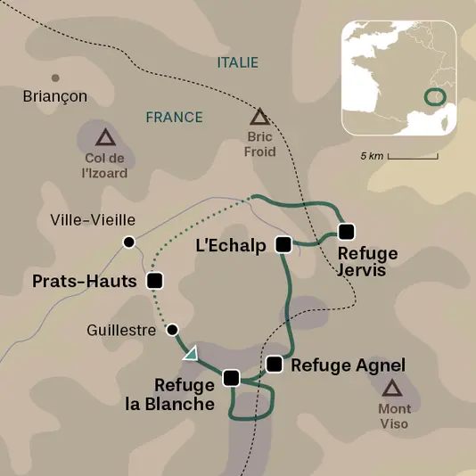 carte du voyage En famille vers les lacs et sommets du Queyras