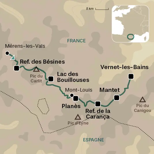 carte du voyage GR10 - 7 - De Merens les Vals à Vernet-les-Bains