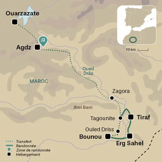 carte du voyage Casbah du Drâa et Erg Sahel