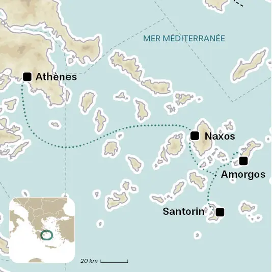carte du voyage Cyclades orientales : Naxos, Amorgos et Santorin