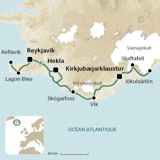 carte du voyage Aurores boréales en terre volcanique