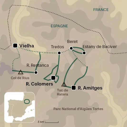 carte du voyage Lacs des Encantats, Aigues Tortes
