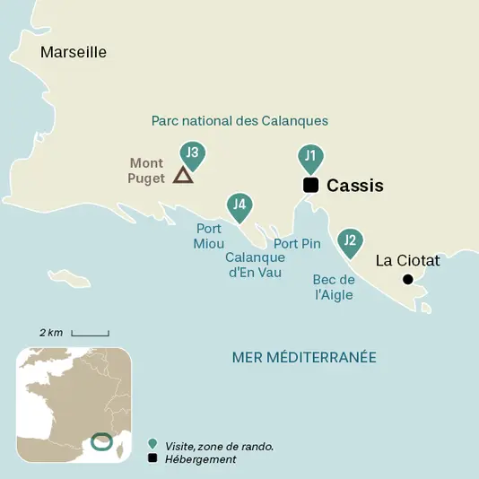 carte du voyage Nouvel An dans les Calanques