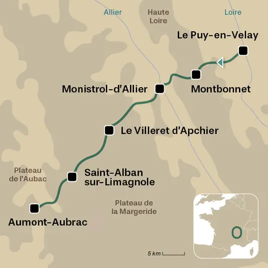 carte du voyage Chemin de Compostelle : Le Puy-en-Velay - Aumont