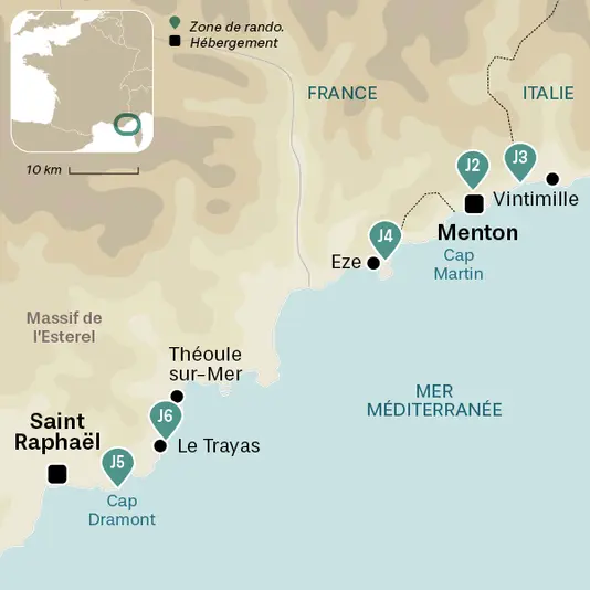 carte du voyage Échappée Azur : de Menton à Saint-Raphaël