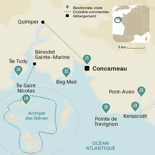 carte du voyage La baie de Concarneau et les îles Glénan