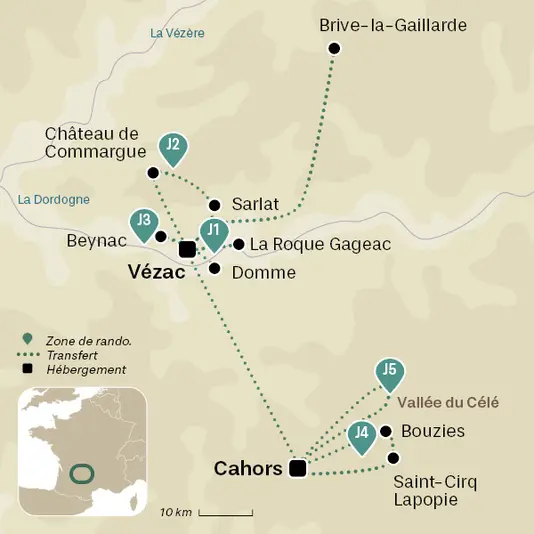 carte du voyage Triangle d'or du Périgord, vallées Dordogne et Vézère