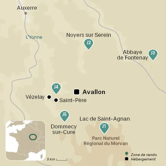carte du voyage Marche nordique aux portes du Morvan, randonnée accompagnée