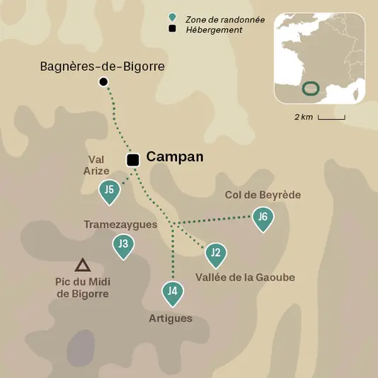 carte du voyage Pic du Midi de Bigorre, séjour balnéo