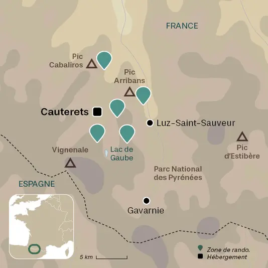 carte du voyage Hautes-Pyrénées en raquettes, balnéo à Cauterets