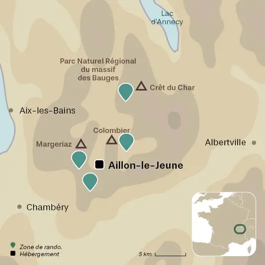 carte du voyage Les Bauges à raquettes